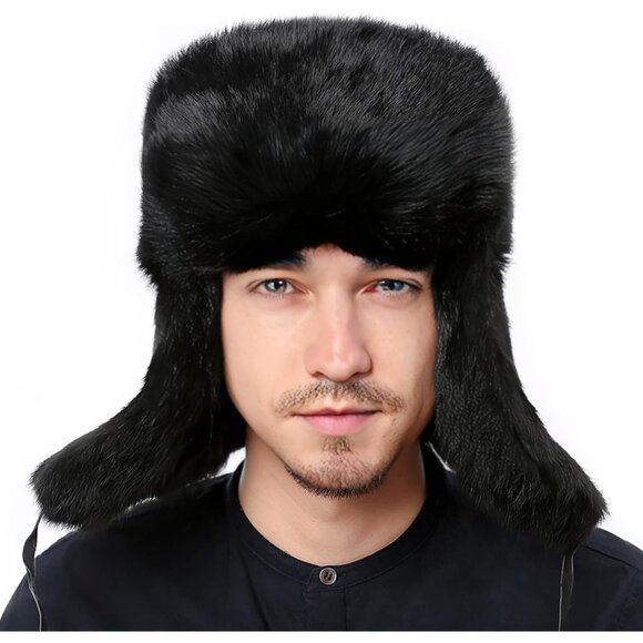 Men's Black Trapper Winter Russian 100% Rabbit Fur Aviator Earflap Hat